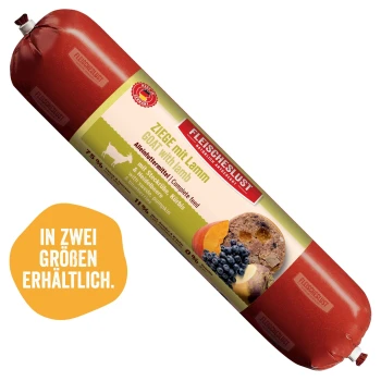 FLEISCHESLUST Futterbox mit Aufschrift 'NATÜRLICH & ARTGERECHT' und roter Futterrolle mit Aufschrift 'ZIEGE mit Lamm / GOAT with lamb'.
