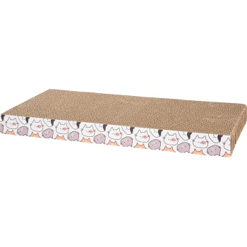 Kratzpappe Cat Faces Papp-Katzenkratzbrett mit einem verspielten Design, das verschiedene Cartoon-Katzenköpfe in Pastellfarben an den Seiten zeigt.
