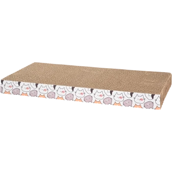 Tapis à gratter en carton pour chat avec un design ludique présentant divers visages de chats en cartoon dans des couleurs pastel sur les côtés.