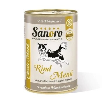 Dosen-Hundefutter "Sanoro Rind Menü" mit einer springenden Hundegrafik, 55% Fleisch und Zutaten wie Kartoffeln, Karotten, Äpfeln und Brokkoli.