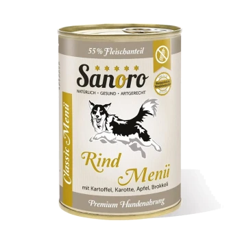 Dosen-Hundefutter "Sanoro Rind Menü" mit einer springenden Hundegrafik, 55% Fleisch und Zutaten wie Kartoffeln, Karotten, Äpfeln und Brokkoli.