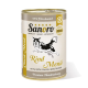 Dosen-Hundefutter "Sanoro Rind Menü" mit einer springenden Hundegrafik, 55% Fleisch und Zutaten wie Kartoffeln, Karotten, Äpfeln und Brokkoli.
