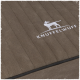 Braune Haustierliege mit vertikalen Nähten und weißem 'KNUFFELWUFF'-Logo, das eine Hundesilhouette zeigt.