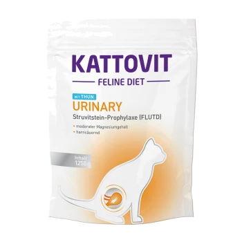 Sac de nourriture pour chats Kattovit Feline Diet Urinary, 1250g, avec une silhouette de chat et un texte sur la santé urinaire et le magnésium modéré.