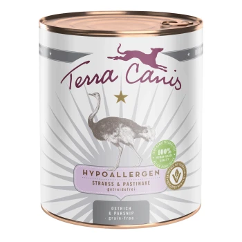 Nassfutter Hund Hypoallergen Adult Strauß 6x800 g Dosen-Hundefutter von Terra Canis, beschriftet mit "Hypoallergenes Strauß & Pastinake," mit einer Grafik eines Straußes und einem Sternen-Design.