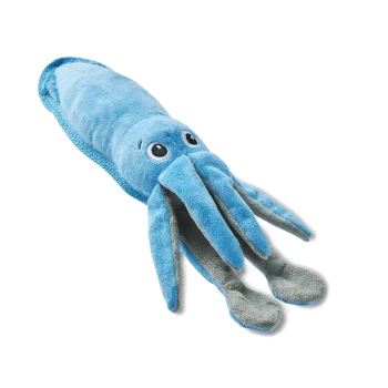 Blaues Plüsch-Tintenfischspielzeug für Hunde mit weichen, grau gefütterten Tentakeln und bestickten Augen auf weißem Hintergrund.