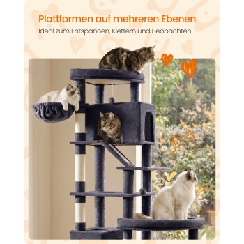 Plüschiger dunkelgrauer mehrstufiger Kratzbaum mit vier Katzen an einem Fenster; deutscher Text: "Plattformen auf mehreren Ebenen".
