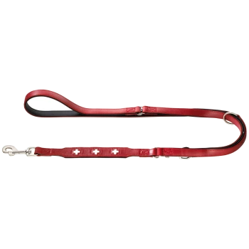 Rote Hundeleine mit einem eleganten Design, mit weißen Kreuzmustern und einem Metallclip zur Befestigung.
