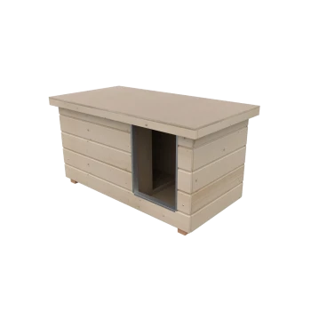 Beiges Holz-Tierhaus mit flachem Dach, lamellenförmigen Seiten, grau eingefasstem Eingang und auf kleinen Füßen erhöht.