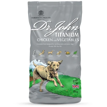 Hundefutterbeutel mit "Dr. John Titanium" mit Huhn und Gemüse, 25 % Protein, 15 % Fett und Vorteilen für aktive Hunde.