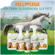 Graues Pferd läuft hinter Stiefel-Pflegeflaschen und -Kanistern; sichtbarer Text "FELLPFLEGE" und Produktaufkleber "TOP SHINE".