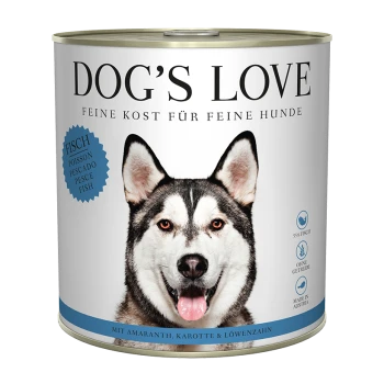 Hunde-Liebe Dosen-Hundefutter mit einem weißen Etikett mit dem Gesicht eines Hundes, das "55% Fisch" und "Mit Amaranth, Karotte & Löwenzahn" hervorhebt.