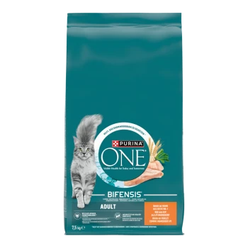 Sac de nourriture pour chat adulte Purina ONE Bifensis, 7,5 kg, avec image d’un chat gris et du poulet, texte en plusieurs langues.