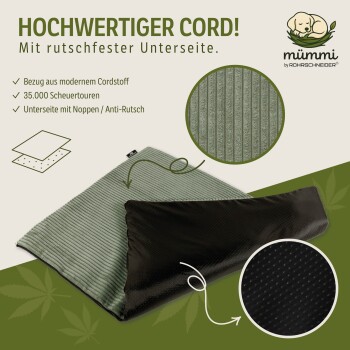 Grünes Cord-Katzenbett mit rutschfester schwarzer Unterseite, mit 35.000 Abriebzyklen, von Mümmmi von Rohrschneider.