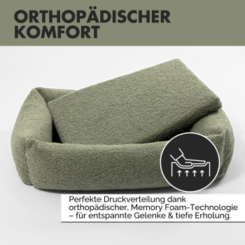 Grünes orthopädisches Haustierbett mit abnehmbarem Kissen, entworfen für Druckverteilung und mit Memory-Schaum für Gelenkentspannung.
