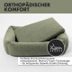 Grünes orthopädisches Haustierbett mit abnehmbarem Kissen, entworfen für Druckverteilung und mit Memory-Schaum für Gelenkentspannung.