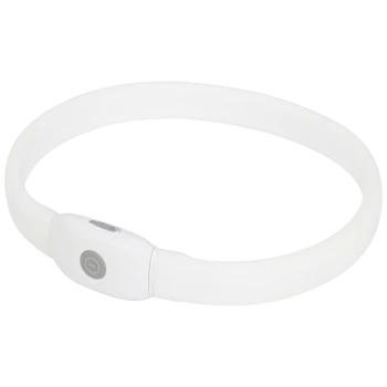 Weißes LED-Hundehalsband mit verstellbarem Verschluss und Ein-/Ausschalter, entwickelt für die Sicherheit von Haustieren bei Nacht.