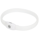 Weißes LED-Hundehalsband mit verstellbarem Verschluss und Ein-/Ausschalter, entwickelt für die Sicherheit von Haustieren bei Nacht.