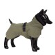 Ein schwarzer Mannequin-Hund trägt einen grünen wasserdichten Mantel mit hohem Kragen und verstellbarem Schnallenverschluss, der ein stilvolles Haustierbekleidungsdesign präsentiert.