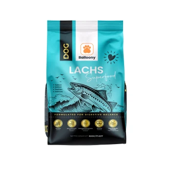 Hundefutterbeutel mit der Aufschrift "Balloony Lachs Superfood," mit einer Lachsillustration, mit dem Text "Für eine ausgewogene Verdauung formuliert."