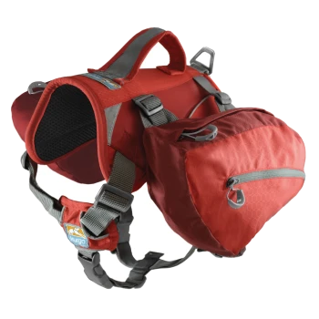 Rotes Hundegeschirr mit eingebautem Satteltasche, mit verstellbaren Riemen und einem Griff oben für einfache Kontrolle.