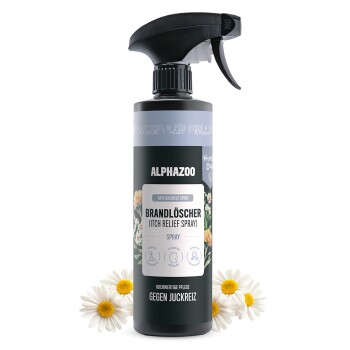 Eine schwarze Sprühflasche mit der Aufschrift "ALPHAZOO Beauty" mit dem Produktnamen "BRANDLÖSCHER" für Haut- und Fellpflege, mit Kamille und Ringelblume, 500ml.
