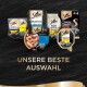 Bild von Sheba Katzenfutterprodukten: Perfect Portions, Delikatessen, Fresh & Fine, Creamy Snacks und Selection, mit "UNSERE BESTE AUSWAHL."