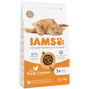 IAMS-Katzenfutterbeutel mit Abbildung einer orangefarbenen Katze, 'Mit frischem Huhn', '87 % tierisches Protein', 'ab 1 Jahr', 3 kg.