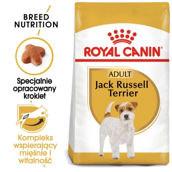 Torba z karmą dla psów Royal Canin Adult Jack Russell Terrier z obrazem Jack Russella, podkreślająca odżywianie rasy i wsparcie mięśni.
