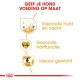 Infographic die op maat gemaakte hondenvoeding promoot, met iconen en tekst: 'Gezonde huid en vacht,' 'Gezonde hartfunctie,' en 'Ideaal gewicht.'