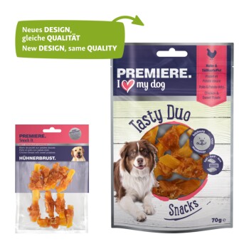 Two PREMIERE pet snack packages: "Snack It" with chicken and sweet potatoes, and "Tasty Duo Snacks" (70g), both with a new design.
