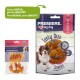 Two PREMIERE pet snack packages: "Snack It" with chicken and sweet potatoes, and "Tasty Duo Snacks" (70g), both with a new design.