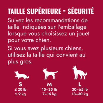 Tableau des tailles en français — TAILLE SUPÉRIEURE = SÉCURITÉ ; silhouettes de chiens ; S ≤20 lb/≤9 kg, M 15–35 lb/7–16 kg, L 30–65 lb/13–30 kg.