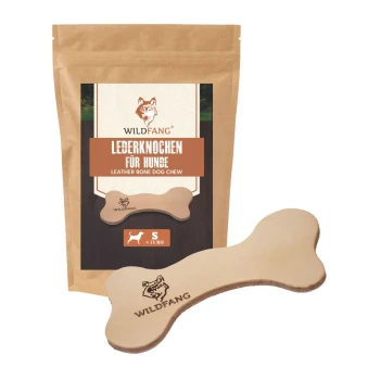 Lederknochen-Hundekauartikel von Wildfang, verpackt in einer braunen Tüte mit dem Text 'LEDERKNOCHEN FÜR HUNDE' und 'LEATHER BONE DOG CHEW.'