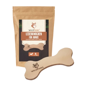 Lederknochen-Hundekauartikel von Wildfang, verpackt in einer braunen Tüte mit dem Text 'LEDERKNOCHEN FÜR HUNDE' und 'LEATHER BONE DOG CHEW.'
