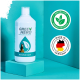 Flasche mit Green Hero Bronchialflüssigkeit für Pferde, mit einem Pferdebild und Etiketten, die "Natürliche Inhaltsstoffe" und "Hergestellt in Deutschland" angeben.