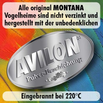 Bunter Federhintergrund mit silbernem AVILON-Logo und Text: "Pulver-Beschichtung ungiftig," "Eingebrannt bei 220°C," "Alle original MONTANA Vogelheime."