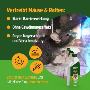 Eine "GREEN HERO Mäuse-EX" Sprühflasche mit einer Mausgrafik, Palmöl aus Geranienblättern und einem "Made in Germany"-Label.