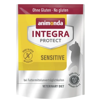 Integra Protect Adult Sensitive 300 g Emballage de nourriture pour animaux étiqueté "animonda INTEGRA PROTECT SENSITIVE," jaune et argent, marqué "Sans gluten," pour les intolérances alimentaires, pH 6,8.