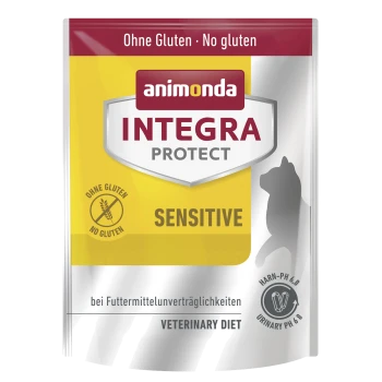 Haustierfutterverpackung mit der Aufschrift "animonda INTEGRA PROTECT SENSITIVE," gelb und silber, gekennzeichnet mit "Kein Gluten," für Nahrungsmittelunverträglichkeiten, pH 6.8.