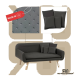 Ein stilvolles graues Sofa mit Holzbeinen, das einen strukturierten Stoff und vier passende Kissen zeigt, beschriftet mit "MADE IN EU."