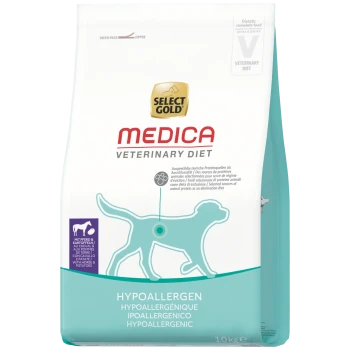 Sac de nourriture pour chiens Select Gold MEDICA Veterinary Diet hypoallergénique, blanc et sarcelle, silhouette de chien, 10 kg.