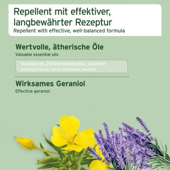 Repellent mit effektiver, ausgewogener Formel, die ätherische Öle wie Nachtkerze, Zitroneneukalyptus und Lavendel enthält.
