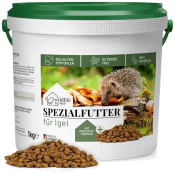 1 kg Behälter von "Spezialfutter für Igel" mit einem Igel auf dem Etikett; insektoproteinbasiert, getreidefrei, 100% natürlich.