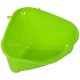 Bright green triangular pet litter box with a smooth interior and a small ball in the center.