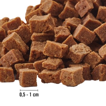 Braune Haustierfutterwürfel, die 0,5 bis 1 cm messen, zusammen gestapelt und mit einer strukturierten Oberfläche.