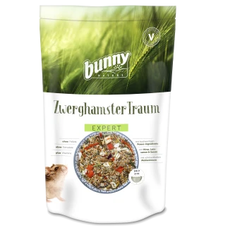 Bunny Nature ZwerghamsterTraum Haustierfutterbeutel mit einer Mischung aus Samen und Gemüse, beschriftet mit "EXPERT" mit einem Hamsterbild und Nährwertangaben.