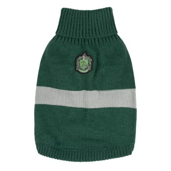 Green knitted pet sweater with a gray stripe and a crest emblem on the back.