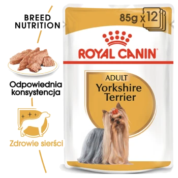 Opakowanie karmy dla psów Royal Canin Adult Yorkshire Terrier, prezentujące Yorkshire Terriera i podkreślające żywienie rasy oraz zdrowie sierści.
