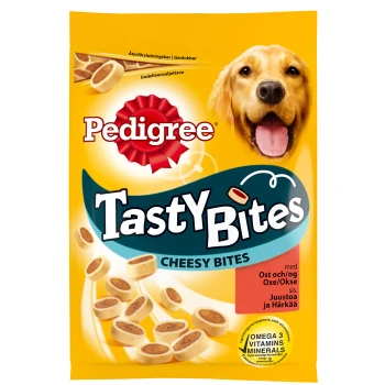 Die Verpackung von Pedigree Tasty Bites Cheesy Bites zeigt das Gesicht eines Golden Retrievers und betont die Zutaten und ernährungsphysiologischen Vorteile.
